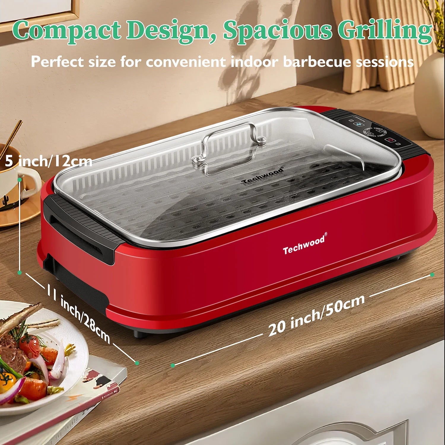 Techwood Indoor Smokeless Grill, 1500W, Black, Electric Portable Korean BBQ Grill with Tempered Glass Lid