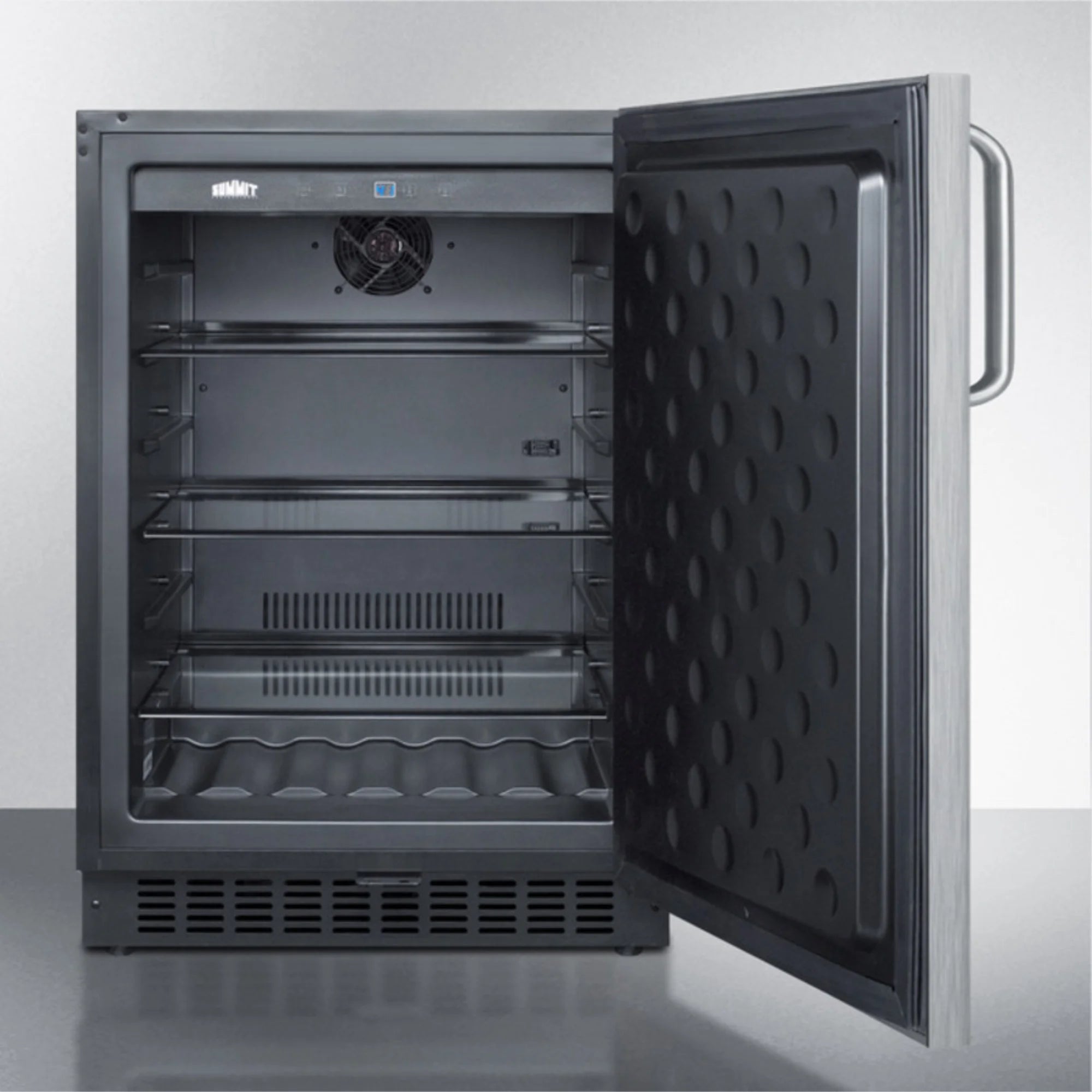Outdoor all-refrigerator for built-in use, with lock, digital thermostat, towel bar handle, and stainless steel wrapped exterior