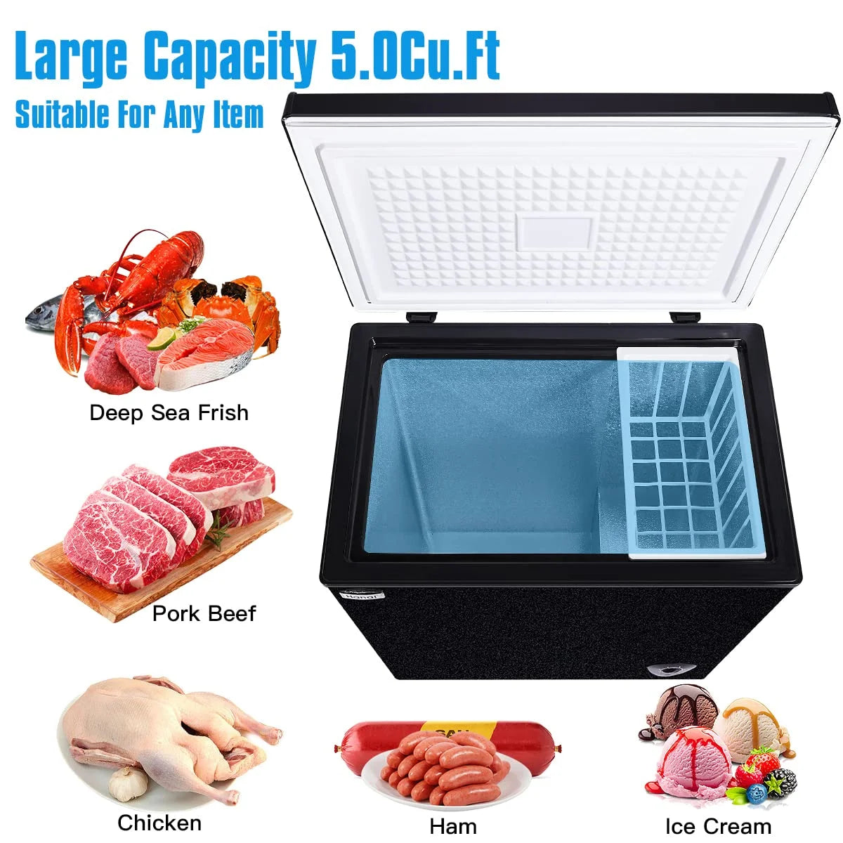 WANAI Chest Freezer 5.0 Cu Ft,Small Chest Freezer,Upright Single Door Refrigerator,Black
