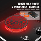 KFFKFF Built-in 2 Burner Electric Cooktop, 12" Electric Range, 3000W Electric Stove Top with Smooth Ceramic Surface, Rotary Dial, 11 Temperature Settings, 220-240V, Direct Wiring Required