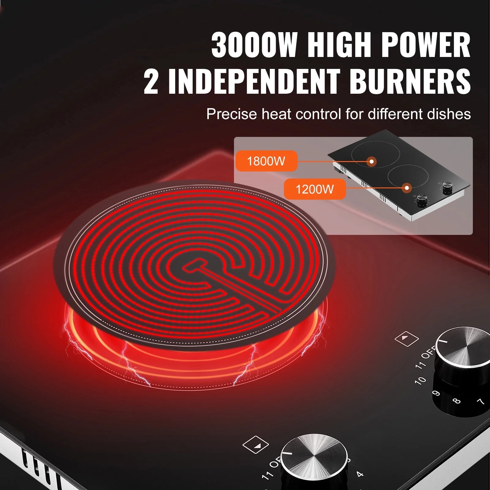 KFFKFF Built-in 2 Burner Electric Cooktop, 12" Electric Range, 3000W Electric Stove Top with Smooth Ceramic Surface, Rotary Dial, 11 Temperature Settings, 220-240V, Direct Wiring Required