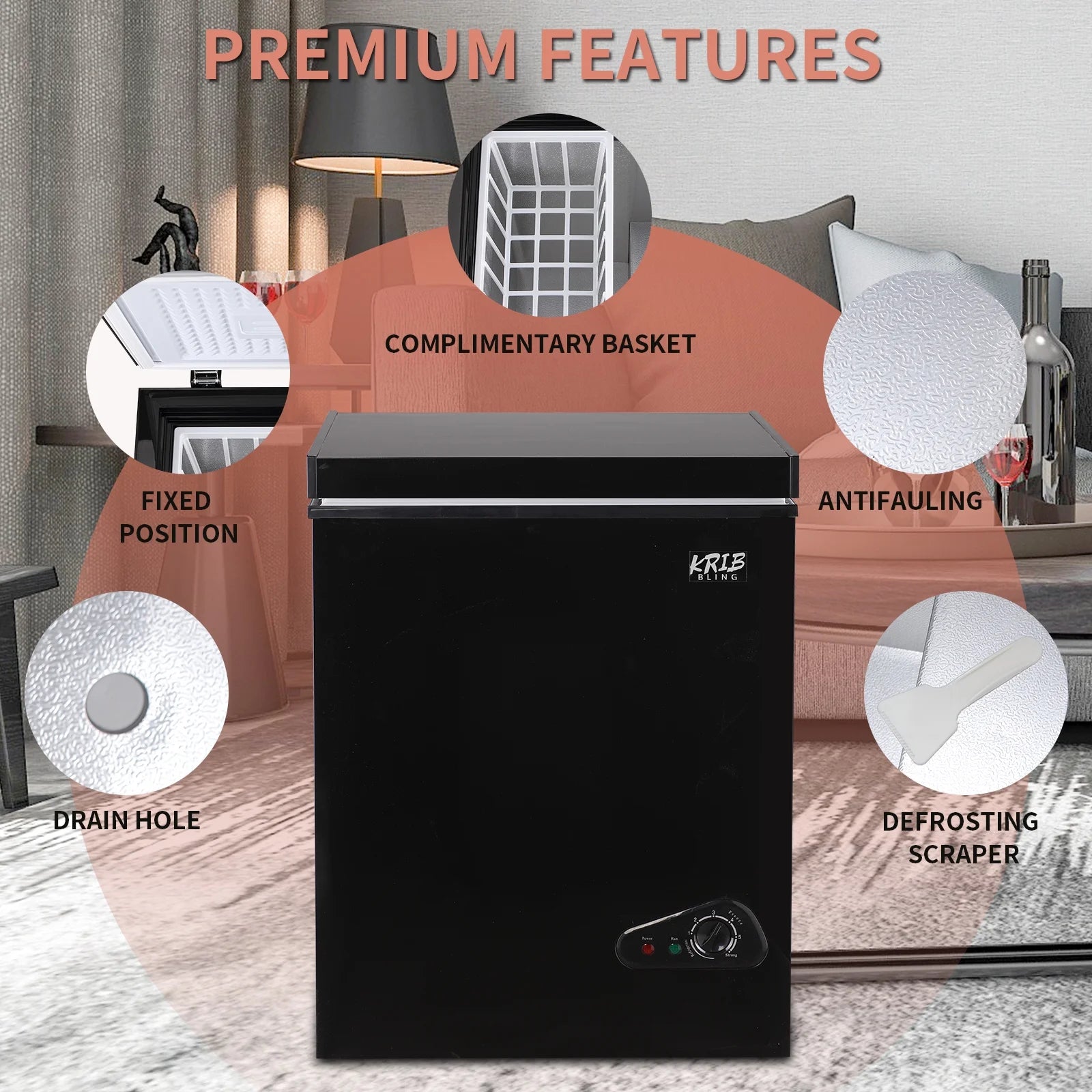 Krib B 3.5 Cu.Ft Chest Freezer with 7 Gears Temperature Adjustment, Deep Compact Freezer with a Removable Basket, Suitable for Kitchen, Garage, Basement, Black
