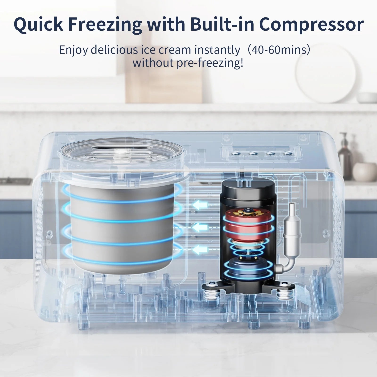 AIRMSEN 2.1 Qt Ice Cream Maker, No Pre-Freezing Electric Ice Cream Machine with Compressor and LCD Timer for Gelato, Frozen Yogurt, Sorbet, White