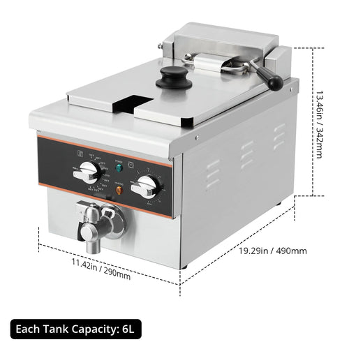 Aoile 6.3 Qt Commercial Electric Deep Fryer with Basket, Timer & Drain, Countertop Oil Fryer in Stainless Steel