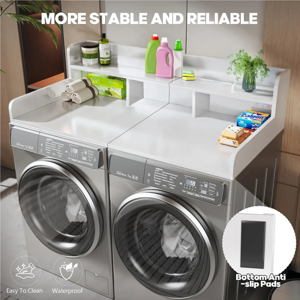 Wood 2-Tier Washer Dryer Countertop with 2.75" H Guard Rails, 54" W x 27.5" D Washer Dryer Topper with Non-Slip Pads for Laundry Room Organization and Storage, White