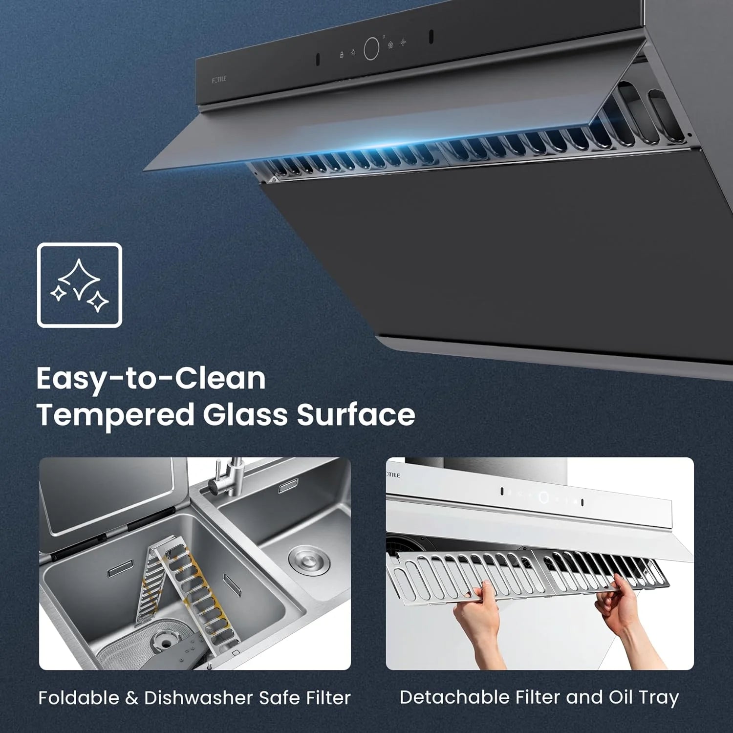 FOTILE Slant Vent Series 30" 1000 CFM Under Cabinet or Wall Mount Range Hood with 2 LED lights, Motion and Touch Activation in Onyx Black Tempered Glass