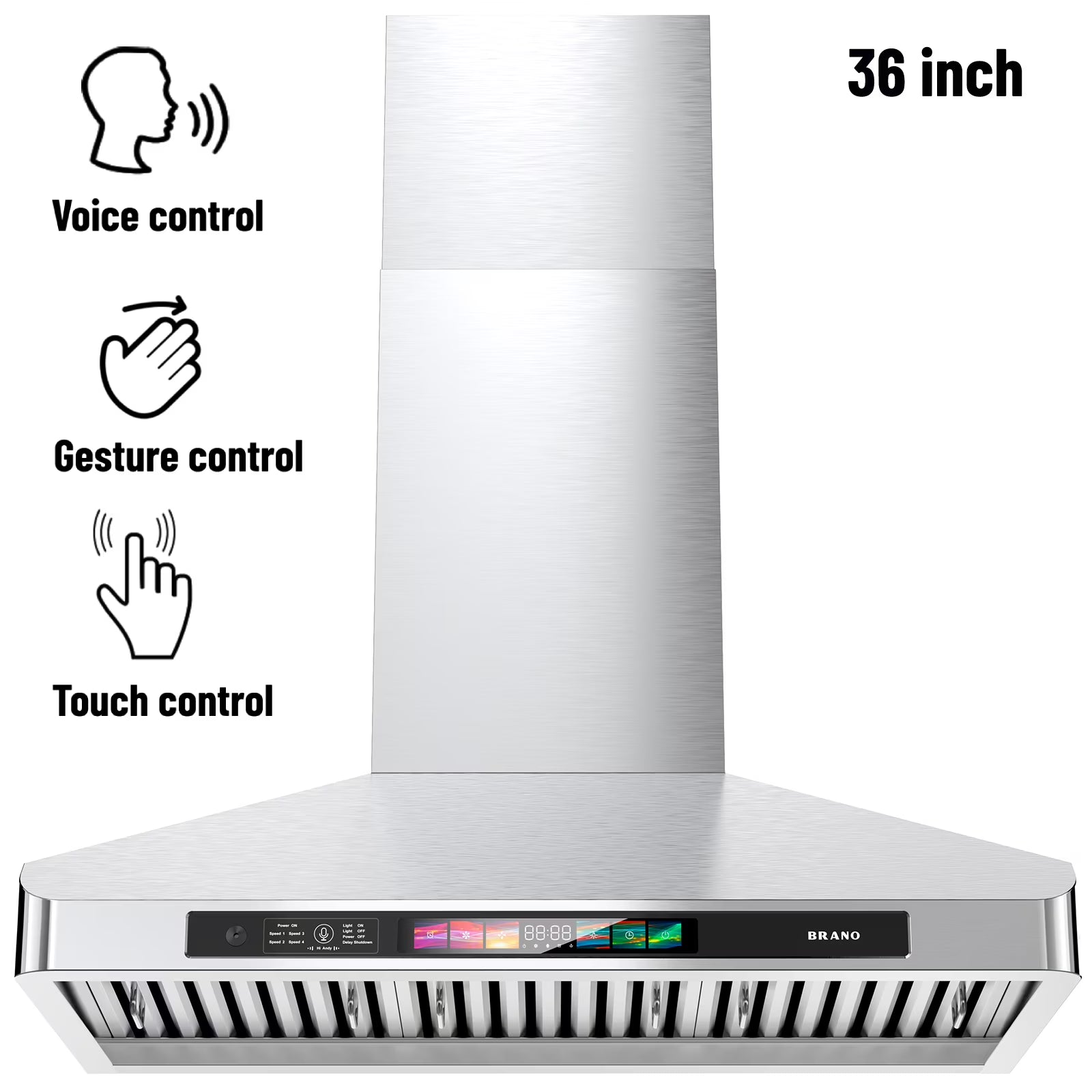 Brano 30-Inch Canopy Range Hood, Wall Mount, 900 CFM, 4-Speed Exhaust Fan, Stainless Steel, LED Lights, Memory Mode