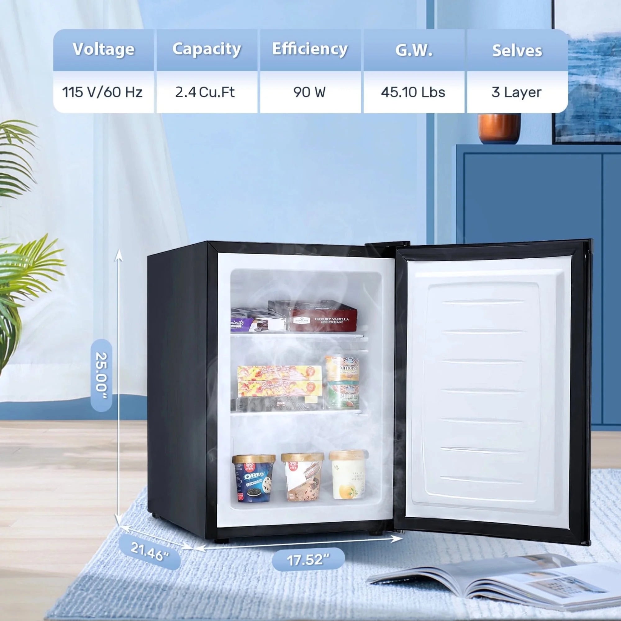 Auseo 3 Cu.ft Single Door Freezer, Compact Mini Freezer with Reversible Door for Kitchen, Apartment, Basement, Dorm, Black