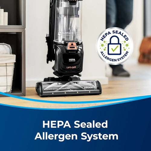 BISSELL SurfaceSense Allergen Lift-Off Pet, Bagless, Upright Vacuum, Pet Friendly, Surface Detect Technology, LED Headlights, Tangle-Free Brush Roll, 3415, Black & Copper