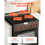 KFFKFF 24-inch Electric Range Oven, 2.7 Cu. Ft. Compact Freestanding Design, Stainless Steel Finish, Features 4 Burners, Adjustable Racks, Storage Drawer, Drip Pan, and Indicator Light, Black
