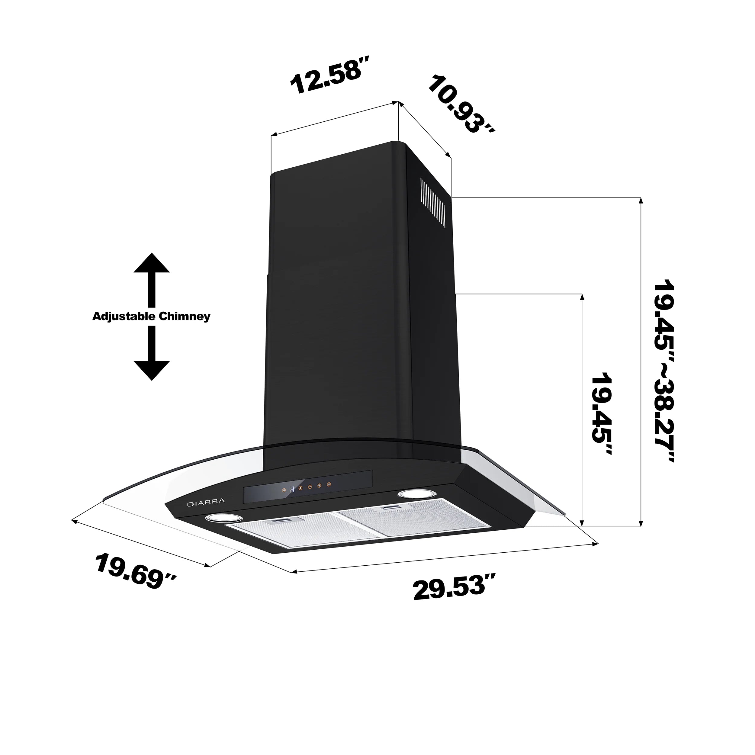 CIARRA Wall Mount Range Hood 30 inch with Tempered Glass 450 CFM Kitchen Vent Hood Ductless Ducted Convertible CAS50275