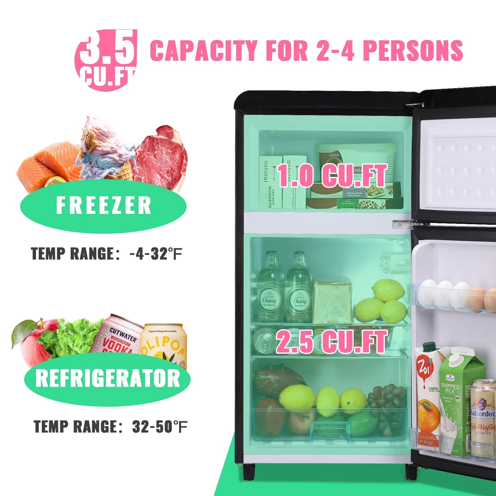DEMULLER 3.5 Cu. ft Mini Fridge Double Door  Refrigerator  7 Adjustable Temperature Control Black