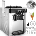 KFFKFF Commercial Ice Cream Maker 5.3 to 7.4 gph Soft Ice Cream with LED Display Self-Cleaning 3 Flavors Great for Restaurant Snack Bars, 2200-Watt, Silver