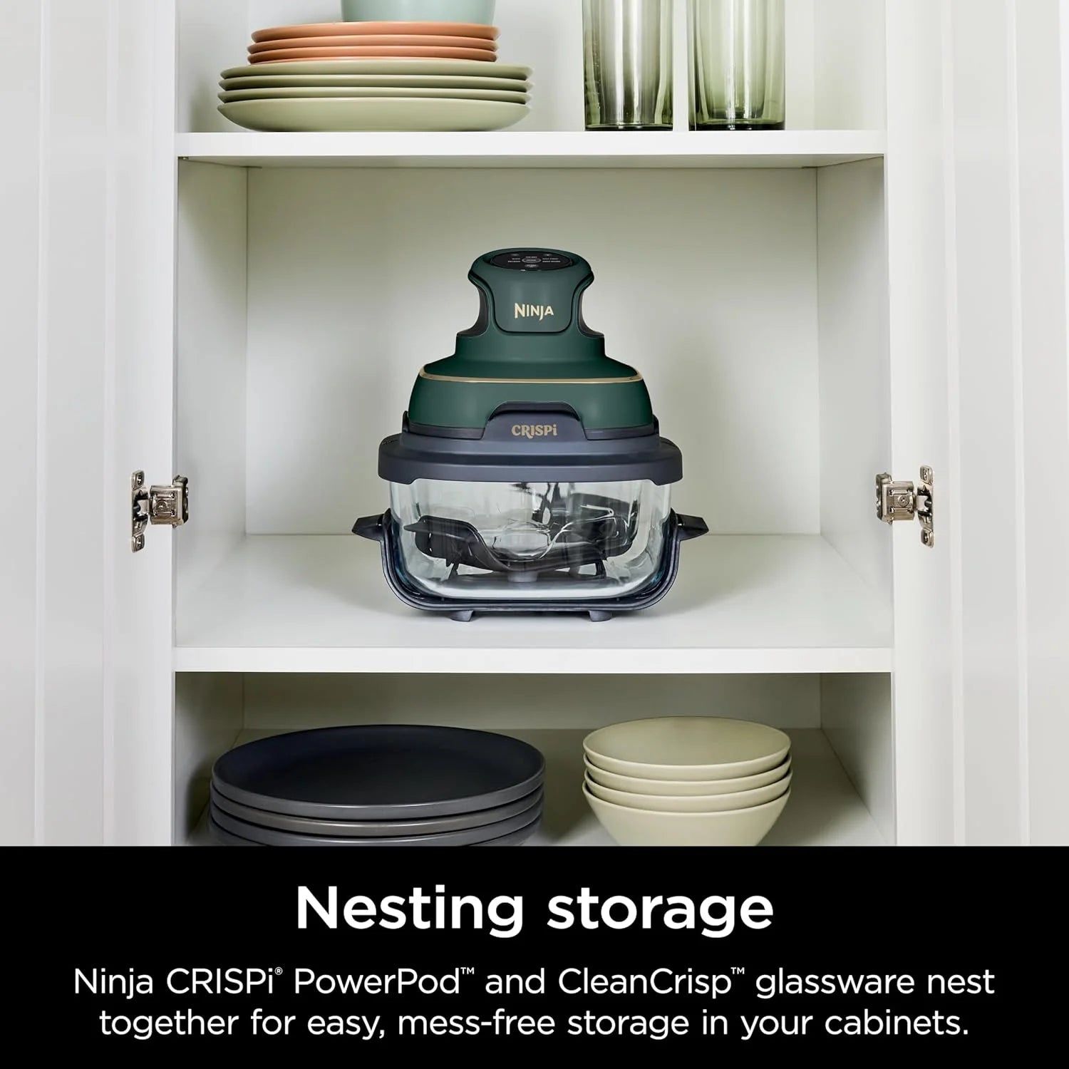 Ninja Crispi 5-in-1 Portable Glass Air Fryer Cooking System FN103BF, British Racing Green with Soft Gold Trim, 1500W, New