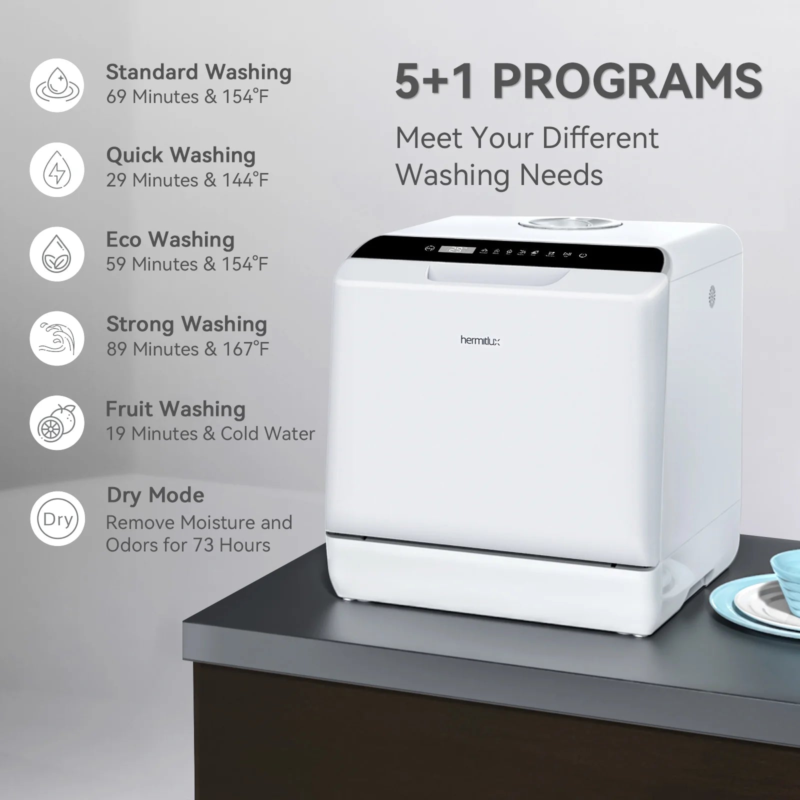 Hermitlux Portable Countertop Dishwasher, 5 Washing Programs, 5L Built-in Water Tank and Air-Dry Function, HMX-DW03