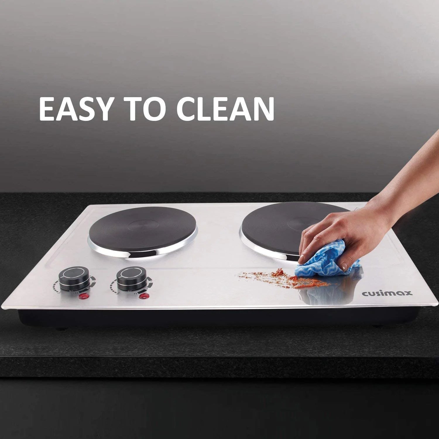 CUSIMAX 1800W Portable Double Burner Hot Plate �?Stainless Steel Countertop Electric Cooktop with Dual Cast Iron Heating Plates, Easy-to-Clean Silver Design, Upgraded Version