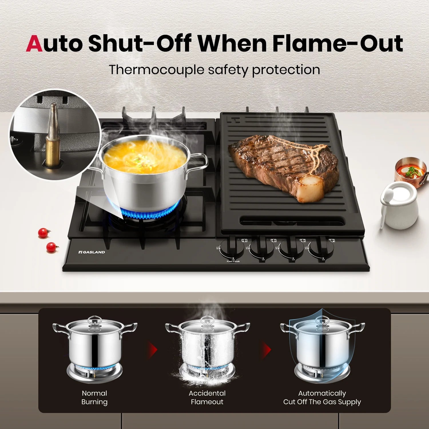 GASLAND GH60EF 24" Built-in Gas Stove Top, Black Ename Gas Cooktop with Griddle, 4 Sealed Burners, ETL