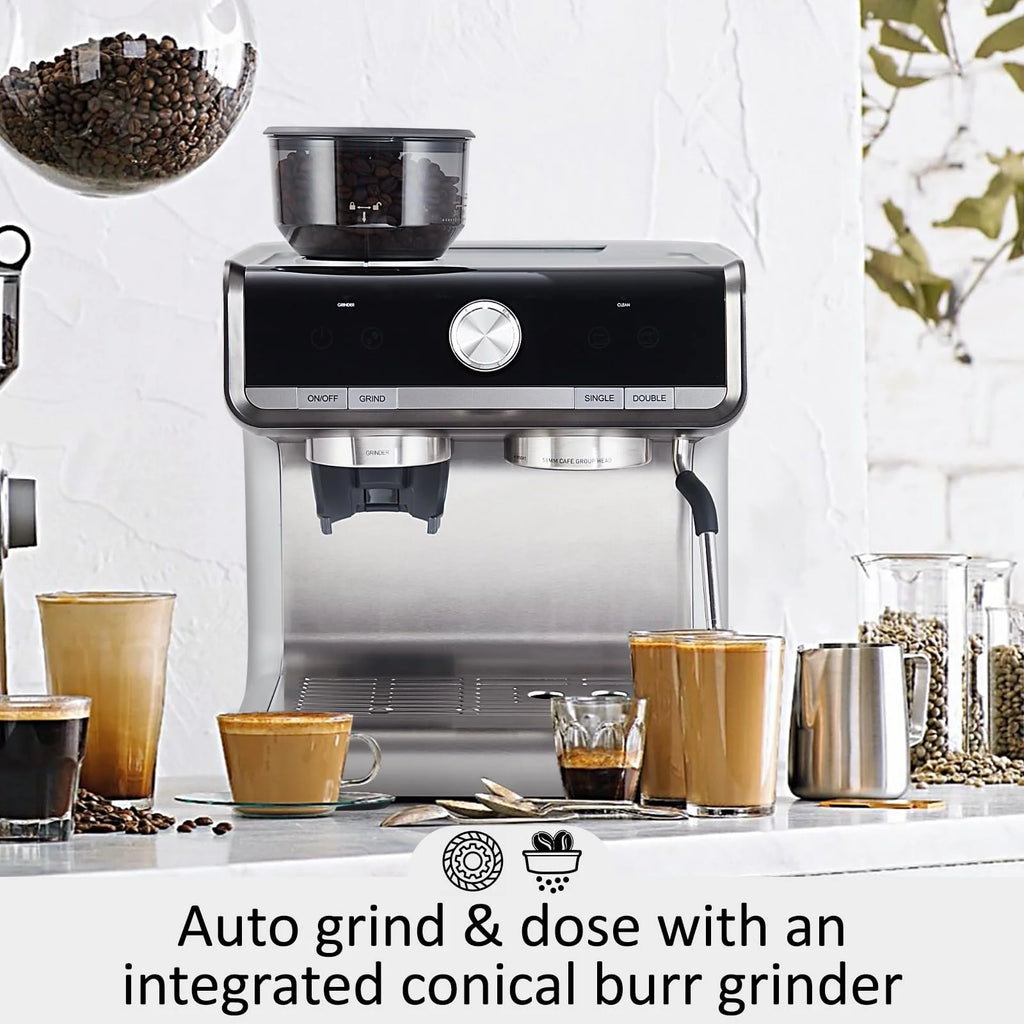 Espresso Coffee Machine with Grinder, 20 Bar Semi-Automatic Espresso Maker with Milk Frother Steamer Wand for Cappuccino, Latte, Macchiato, 2.8 L Water Tank, PID Temperature Control