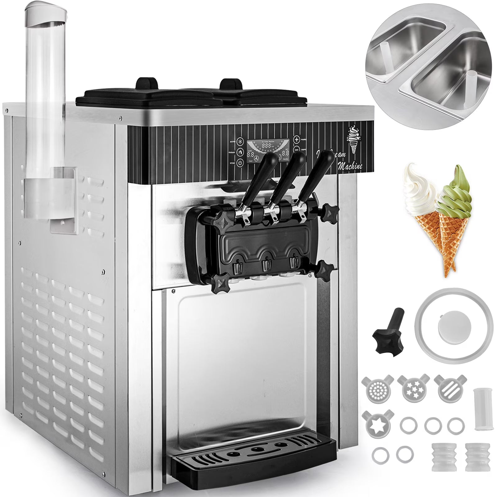 VEVOR Commercial Ice Cream Machine 20-28L/H Soft Serve with LED Display Auto Clean 3 Flavors 2200W,Silver