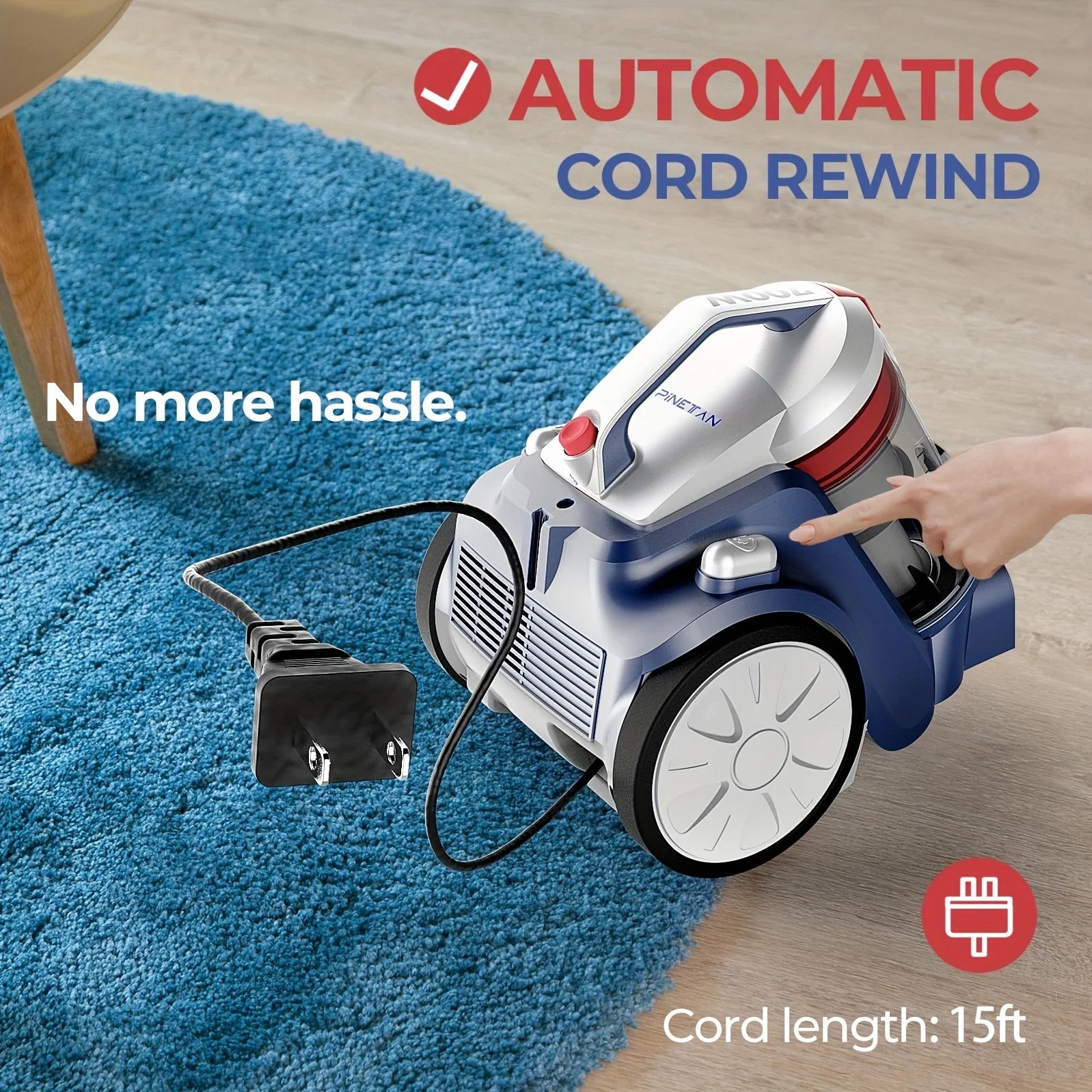 HEPA Vacuum Cleaner PINETAN Bagless Canister Vacuum Cleaner EasyPeasy, HEPA Filter, Auto Cord Rewind, Accessory Holder