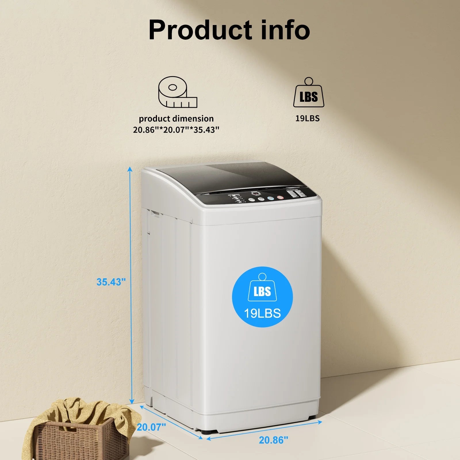 TABU 19lbs Portable Washing Machine,2.5 Cu.ft Full Automatic Washing Machine,Top Load,White