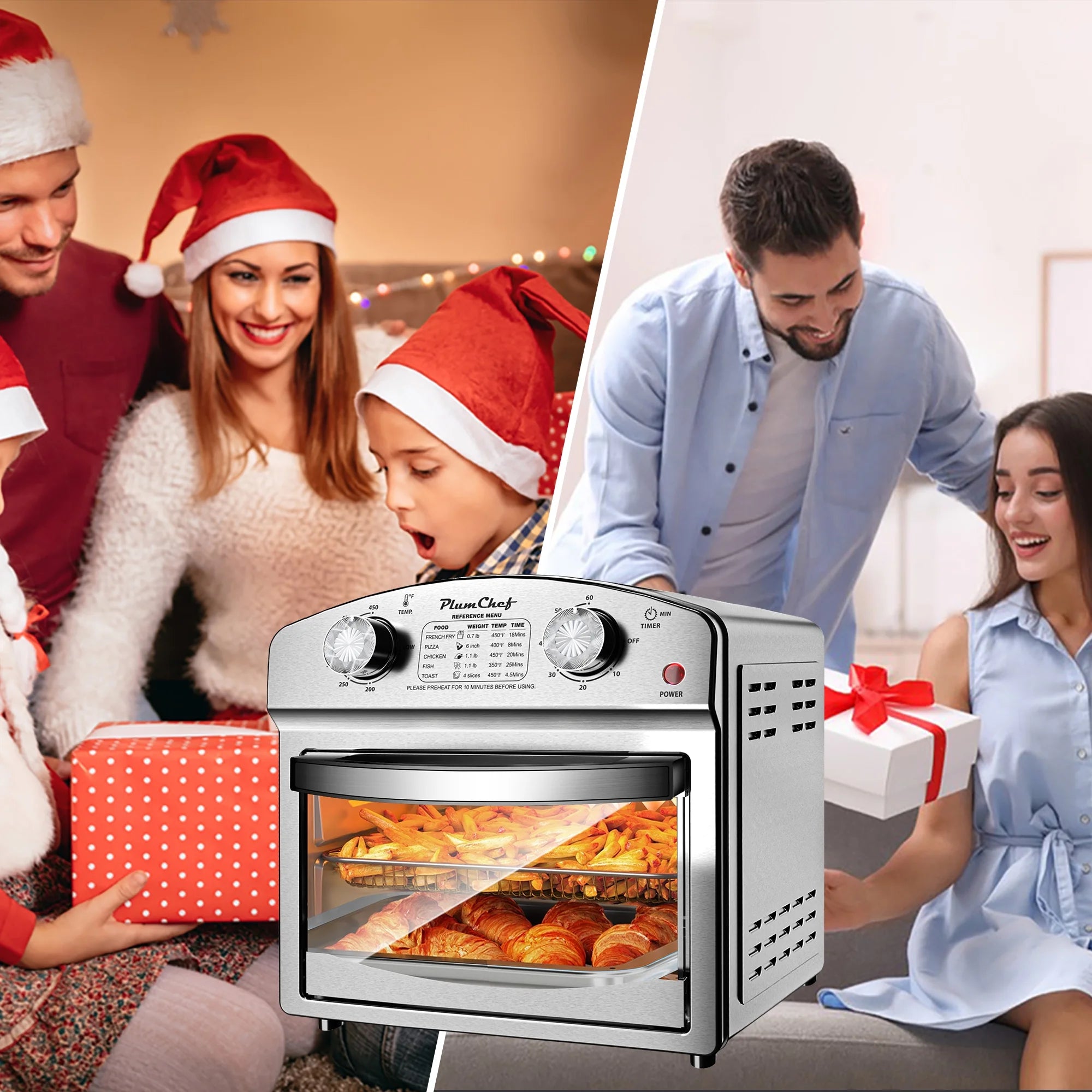 PlumChef 13 Quart 4 Slices Air Fryer Convection Toaster Oven, 1500W, 7 in 1 Multifunction with Roast, Bake, Grill, Broil, Toast, Dehydrate, Defrost, Stainless Steel
