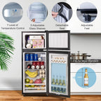 GGTB 3.5 Cu.Ft Fridge with Freezer, Double Door Refrigerator with 6 Level Thermostat, LED Light, Adjustable Glass Shelves for Bedroom, Office, Dorm, Apartment, Silver