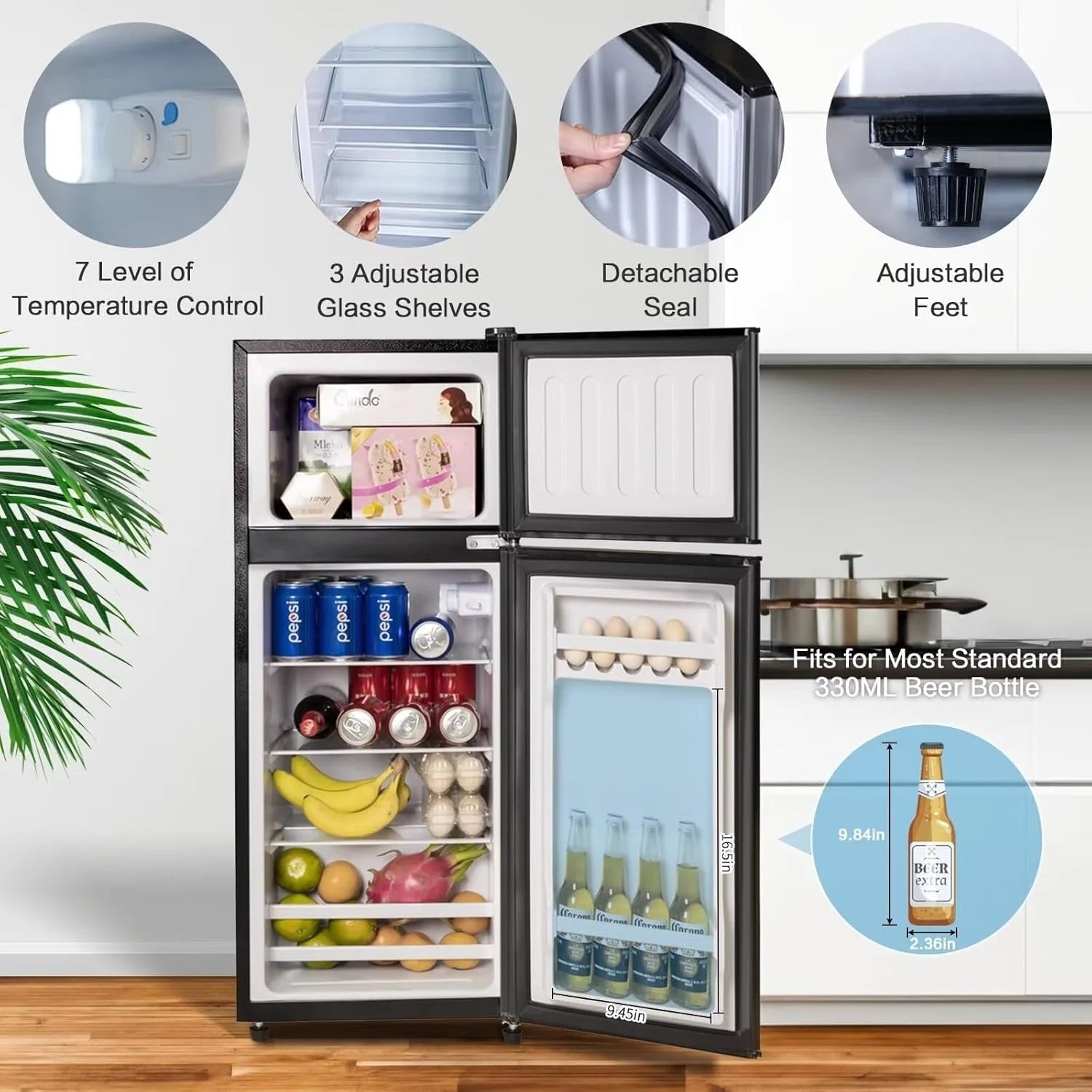 GGTB 3.5 Cu.Ft Fridge with Freezer, Double Door Refrigerator with 6 Level Thermostat, LED Light, Adjustable Glass Shelves for Bedroom, Office, Dorm, Apartment, Silver
