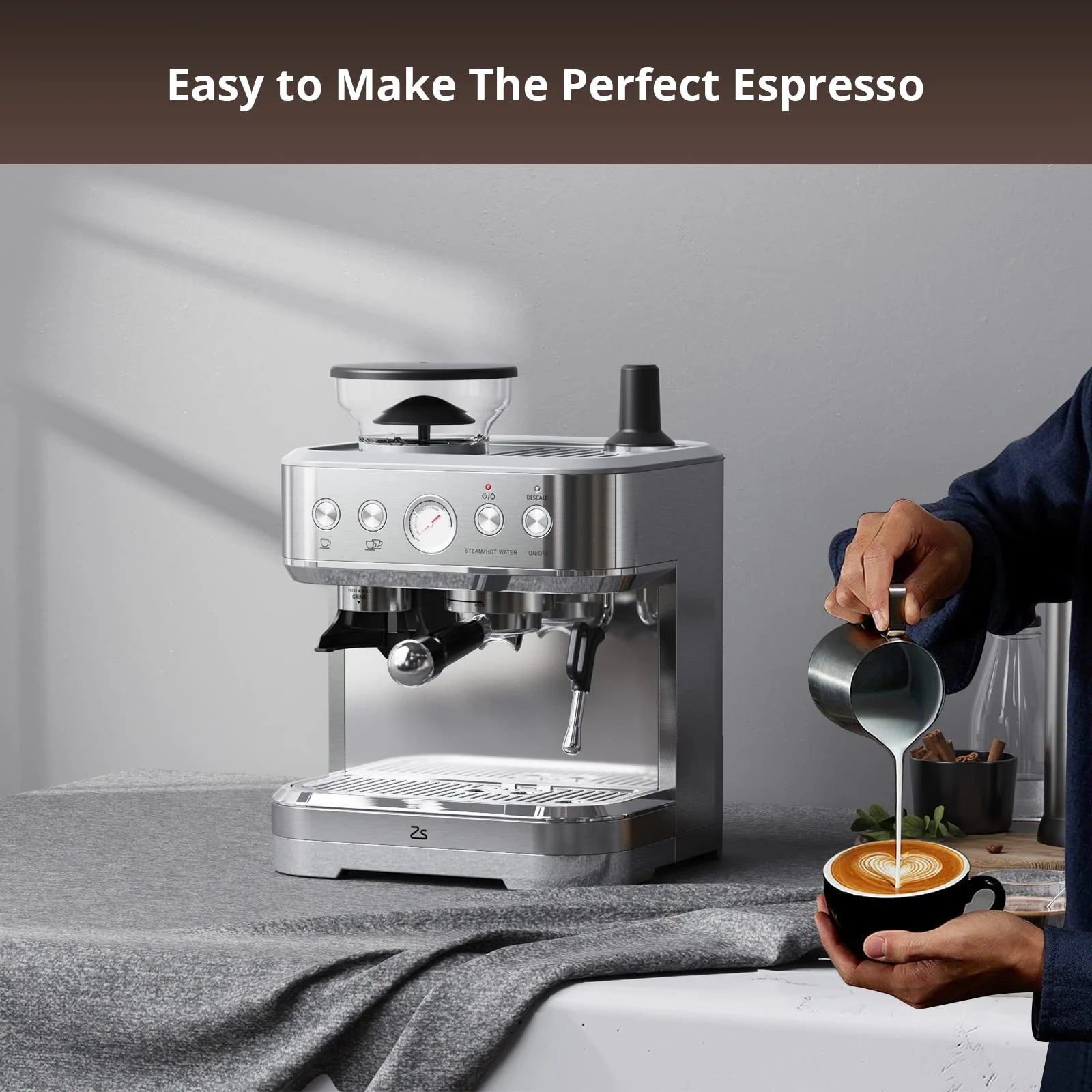 Towallmark All-In-One Espresso Machine with Milk Frother & Grinder - 15 Bar Automatic Coffee Maker with Italian ULKA Pump, 2.5L Water Tank, Brushed Stainless Steel for Home and Office