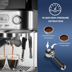Espresso Machine with Built-in Grinder,Italian ULKA 15 Bar Espresso Machine - 85oz Water Tank, Dual PID Control, Milk Frother & Auto-Cleaning for Perfect Lattes and Cappuccinos