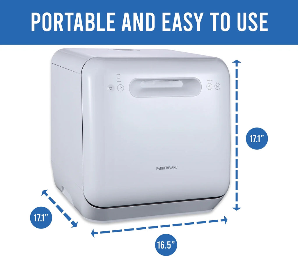 Farberware Portable Dishwasher with Built-In Water Tank with Baby Care and Fruit Wash Settings in White w/ 6-Place Setting Capacity, FDW05ASBWHA