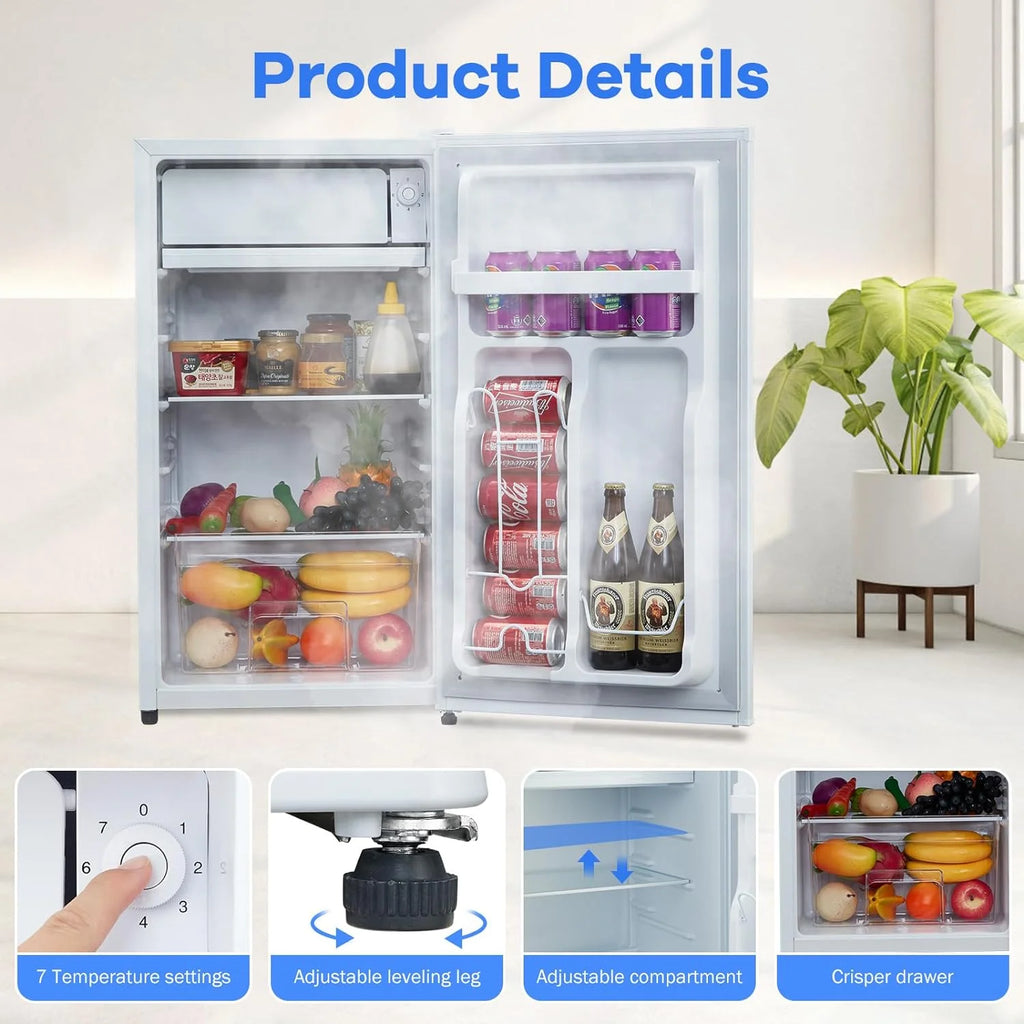 EastVita 3.2 Cu.Ft Mini Fridge with Freezer, Compact Refrigerator with 7 Level Adjustable Thermostat, Crisper Drawer & Glass Shelves, Small Fridge for Home