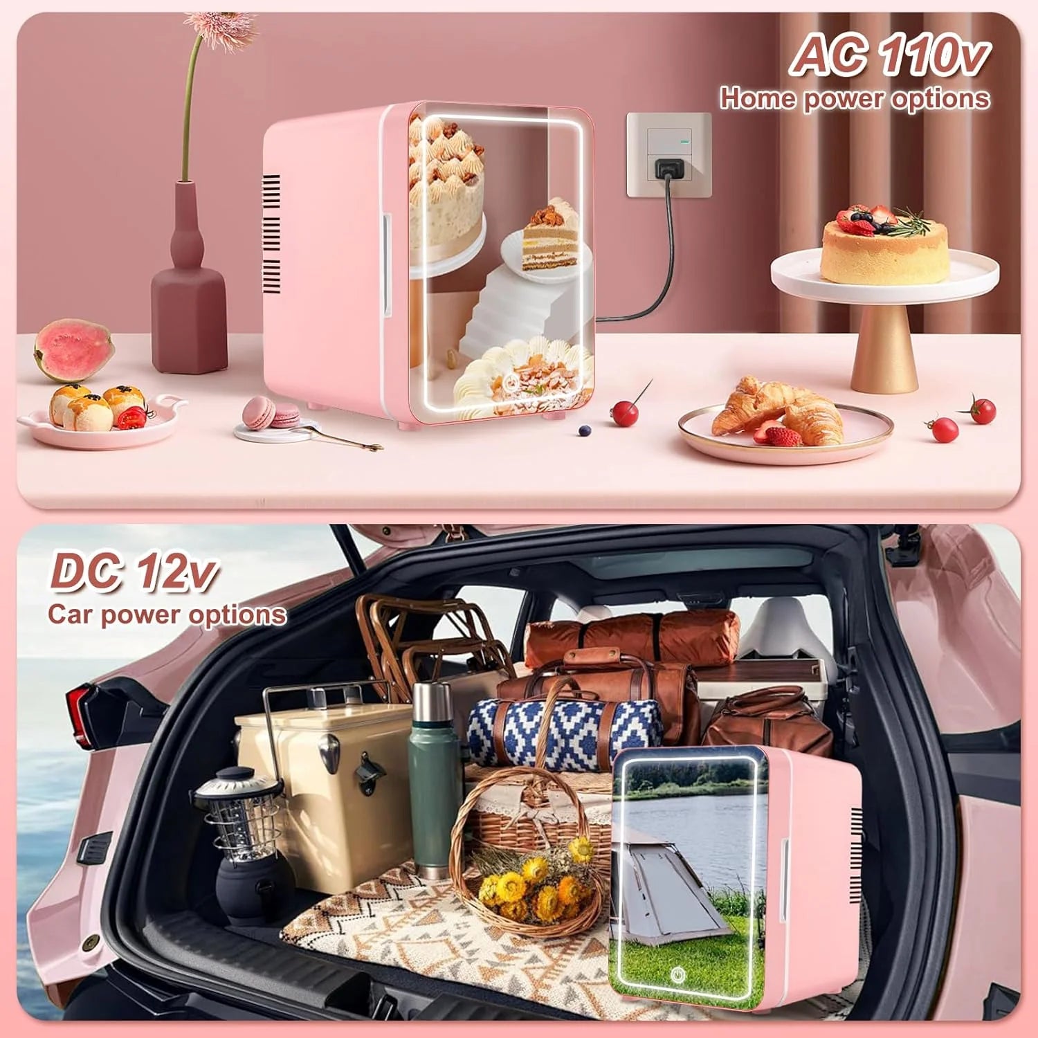Mini Fridge for Bedroom, Skincare Fridge With Dimmable LED Light Mirror,4L Makeup Mini Fridge,Cooler & Warmer,Compact Small Refrigerator,for Bedroom, Car,For Cosmetics, Skincare And Food,Pink