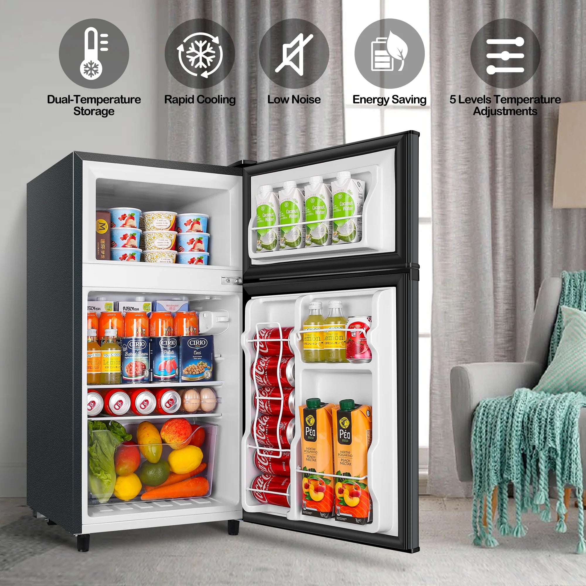 WANAI 2 Door Mini Fridge 3.5Cu.ft with Freezer,Apartment Size Refrigerator,Dark Grey,New