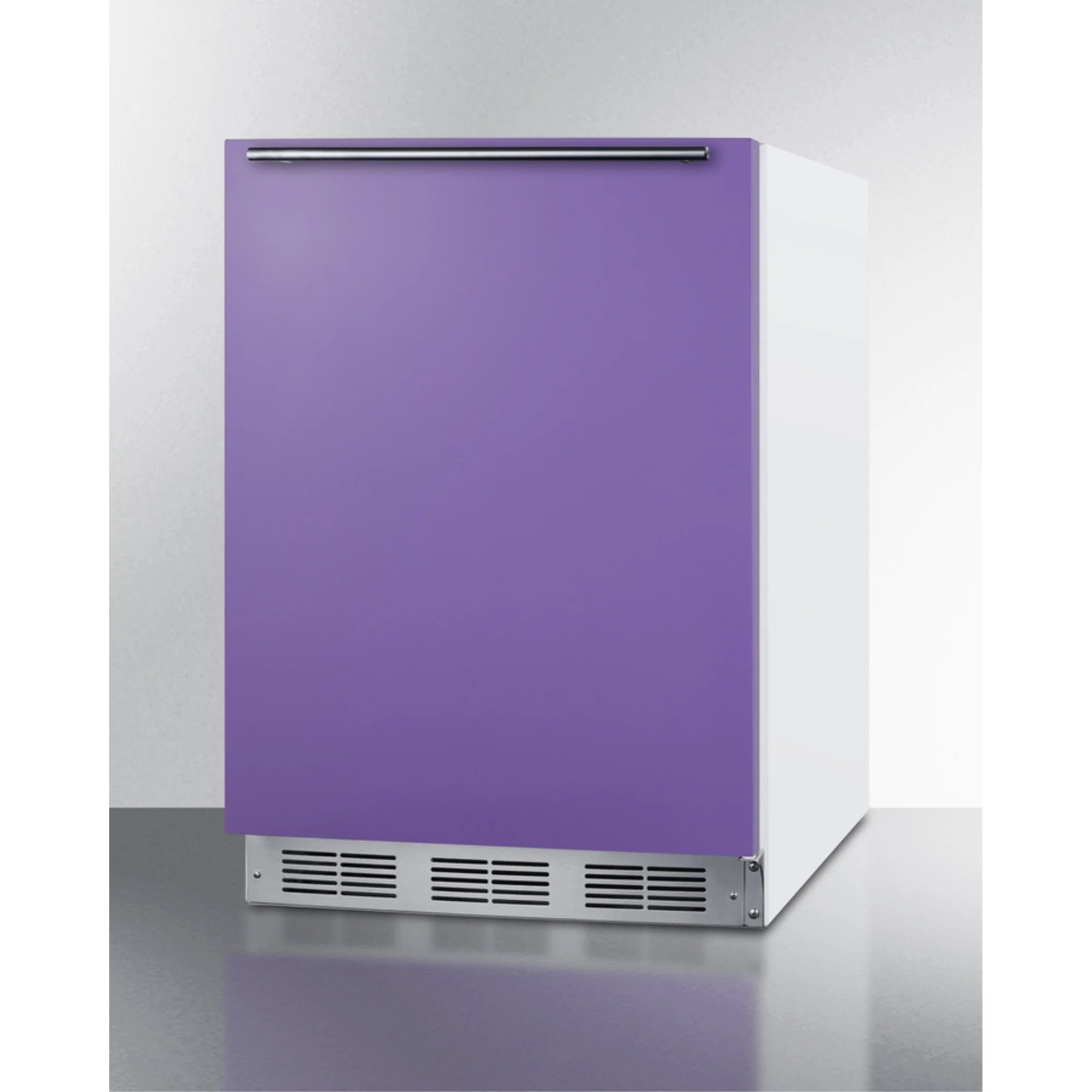 Undercounter 24 Inches all-refrigerator for residential use with lavender purple door, stainless steel handle, and white cabinet