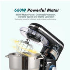 Kitchen in the box Tilt-Head Stand Mixer, Electric Kitchen Mixer with 6.5QT Stainless Steel Bowl, 660W Food Mixer with 6-Speed, Black