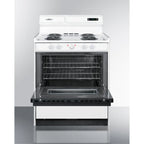 30" wide electric coil top range in white with black door, oven window, and high backguard