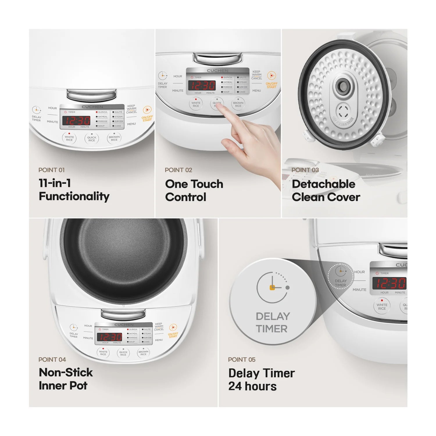 CUCHEN CRM-G0601WUS | Micom Rice Cooker 6 Cup (Uncooked) and Warmer | Direct Touch control | Nonstick Inner Pot | Delay Timer | White