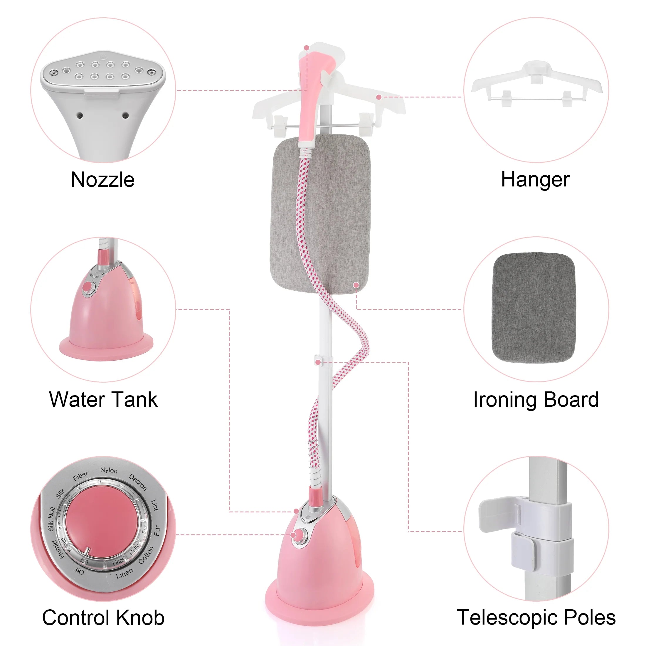 BEAMNOVA Standing Garment Steamer for Clothes, Professional for Home and Business Use Full-Size Clothing Steamer with Hanger & Ironing Board, Pink