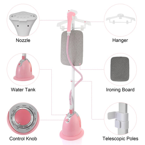 BEAMNOVA Standing Garment Steamer for Clothes, Professional for Home and Business Use Full-Size Clothing Steamer with Hanger & Ironing Board, Pink