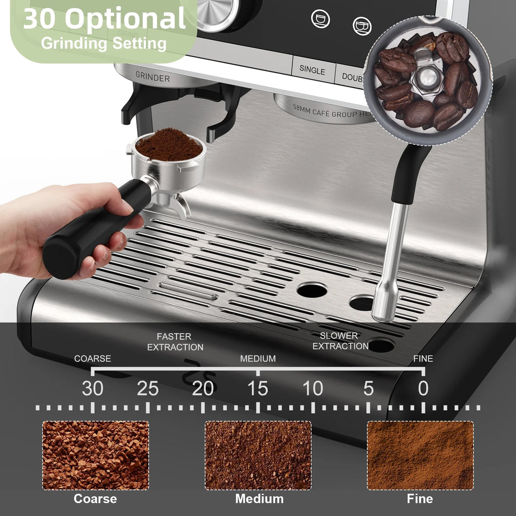 Espresso Coffee Machine with Grinder, 20 Bar Semi-Automatic Espresso Maker with Milk Frother Steamer Wand for Cappuccino, Latte, Macchiato, 2.8 L Water Tank, PID Temperature Control, Silver