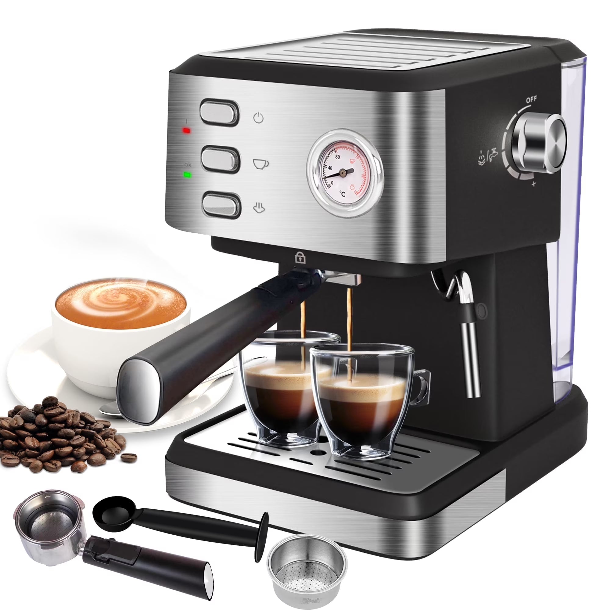 Bluebow Espresso Machine 20 Bar, 1.5L Water Tank Pressure Gauge Milk Frother Steam Coffee Maker, Silver