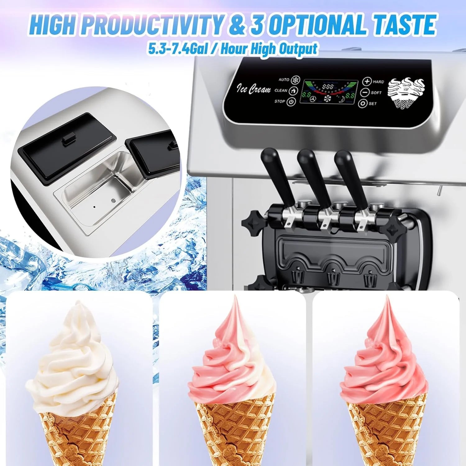 Commercial Ice Cream Maker, 3 Flavors, 20-28L/H Yield, LCD Panel, Auto Clean, 2200W Countertop Soft Serve Machine w/ 2x7L Hopper, Frozen Yogurt Maker for Restaurant Snack Bar