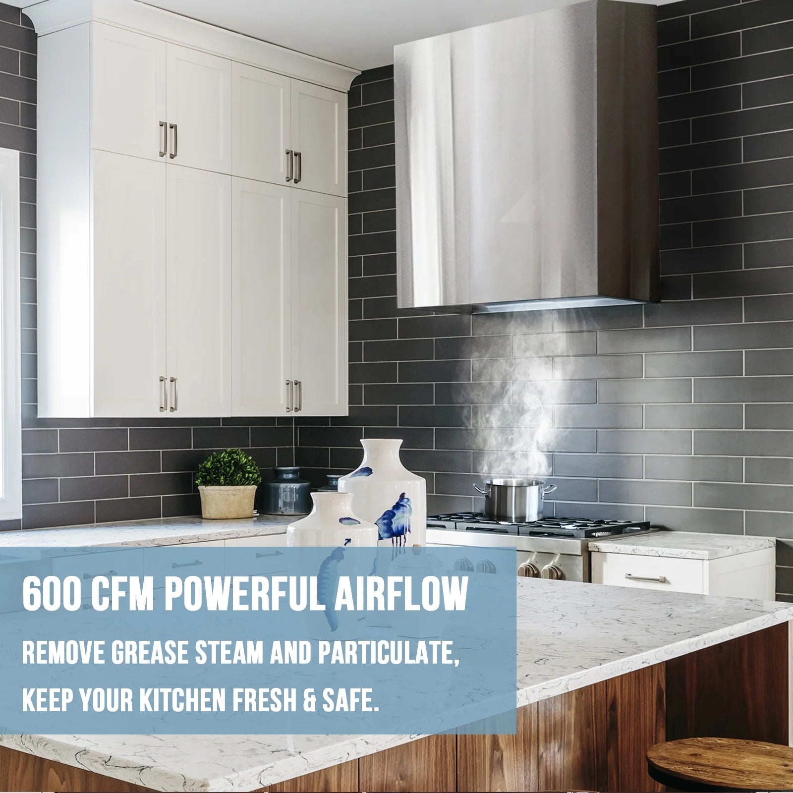 Akicon Stainless Steel Range Hood, Modern Box Kitchen Hood with Powerful Vent Motor, Wall Mount, 30��W*30��H*14D, Signal White