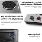 CUSIMAX 1800W Portable Double Burner Hot Plate �?Stainless Steel Countertop Electric Cooktop with Dual Cast Iron Heating Plates, Easy-to-Clean Silver Design, Upgraded Version