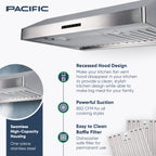 Pacific Economy Pro Under Cabinet Ducted Range Hood 30 inch - 850 CFM 3-Speed Powerful Kitchen Vent Hood - Electric Stainless Steel - Ultra Quiet, Glass Touch Control, 6W LED Lights PR6830AS