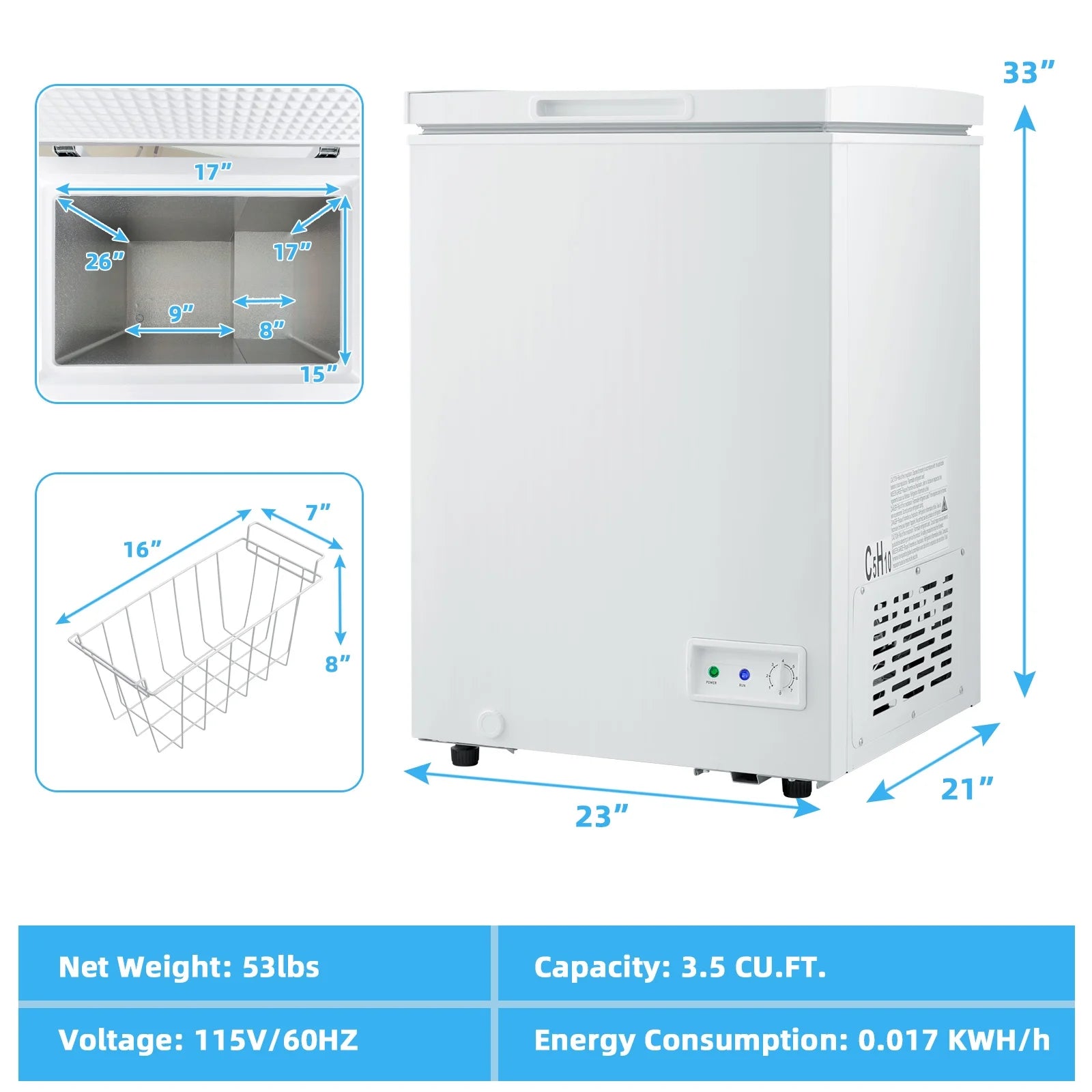 Giantex 3.5 Cu Ft Chest Freezer, Freestanding & Flip Top Chest Freezer w/ 7 Temperature Settings, emovable Sliding Basket Included, Compact Deep Chest Freezer