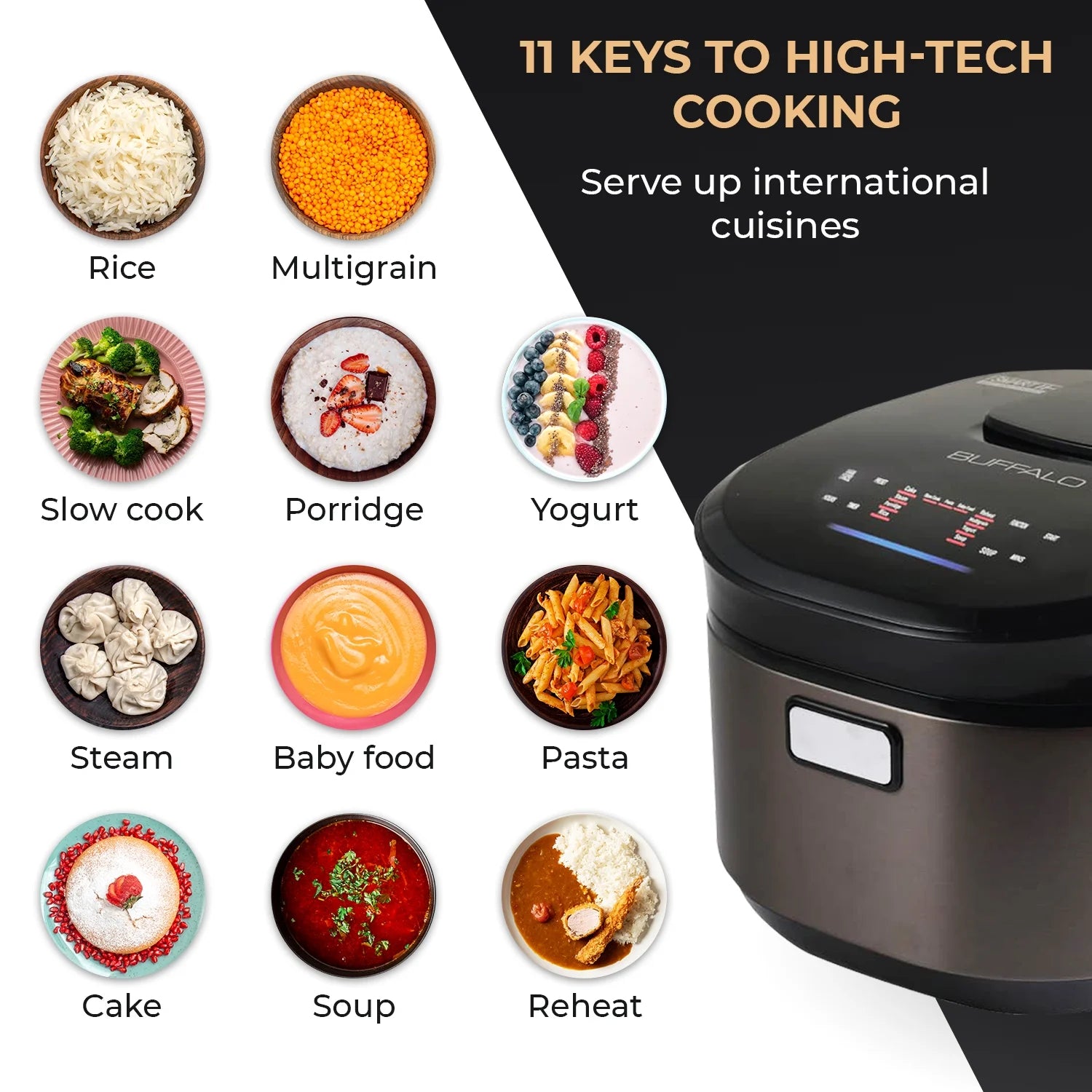 Buffalo White IH SMART COOKER, Rice Cooker and Warmer, 1 L, 5 cups of rice, Non-Coating inner pot, Efficient, Multiple function, Induction Heating (5 cups)