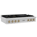 ZLINE Autograph Edition 48" Porcelain Rangetop with 7 Gas Burners in DuraSnow Stainless Steel and Champagne Bronze Accents (RTSZ-48-CB)