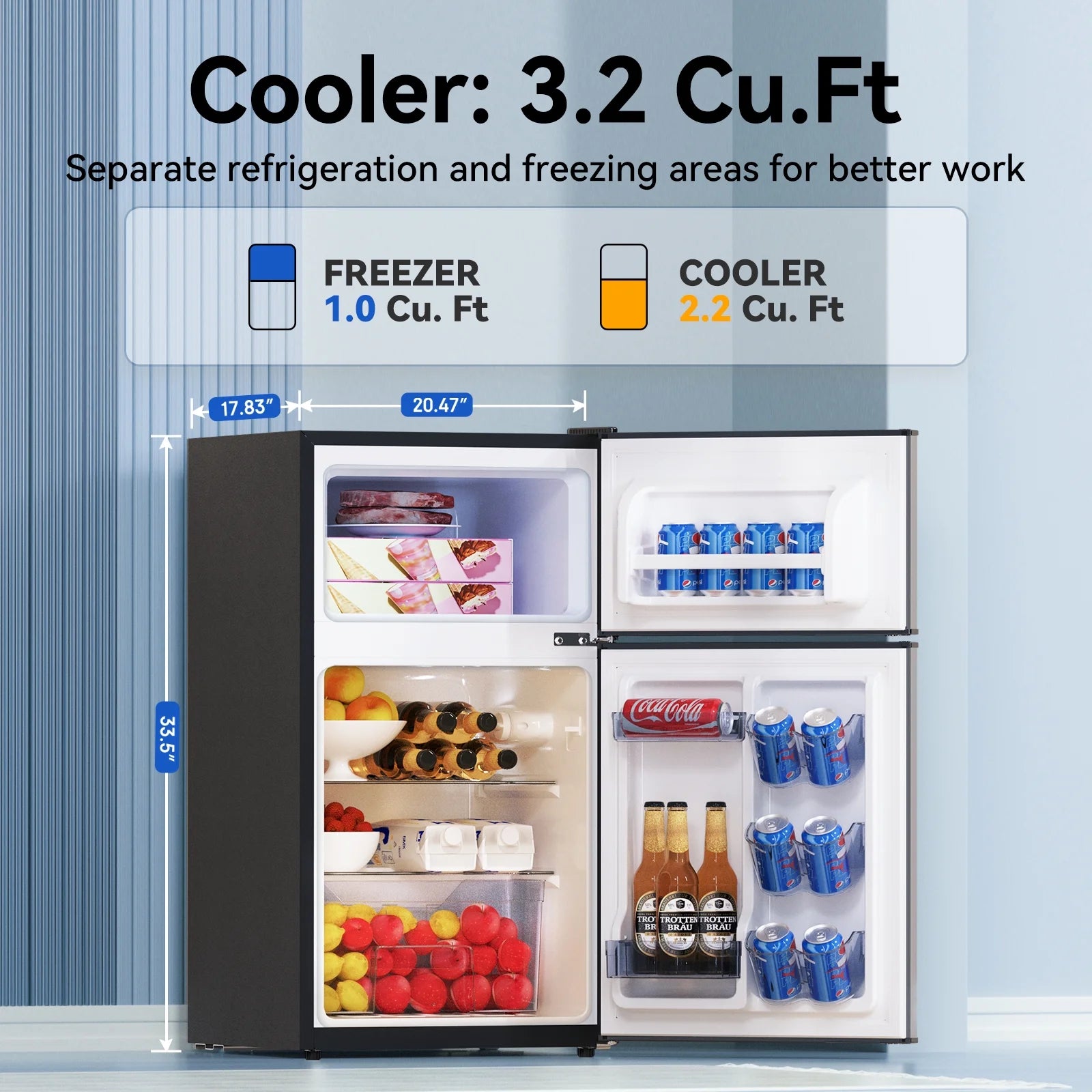 Frestec 2-Door Mini Fridge - 3.2 Cu Ft, Energy Star Rated, Perfect for Dorm or Apartment,Stainless Steel